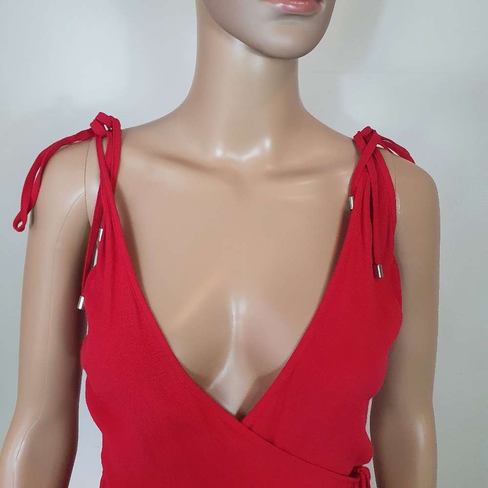Mink Pink wrap midi dress Red S XS strappy tie waist frill hem cocktail v-neck - Picture 10 of 11